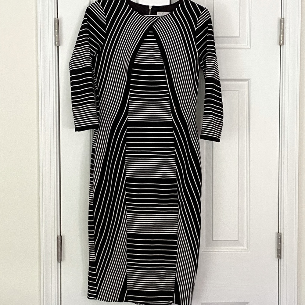 New York & Company Black and White Stripes 3/4 Sleeve Midi Dress